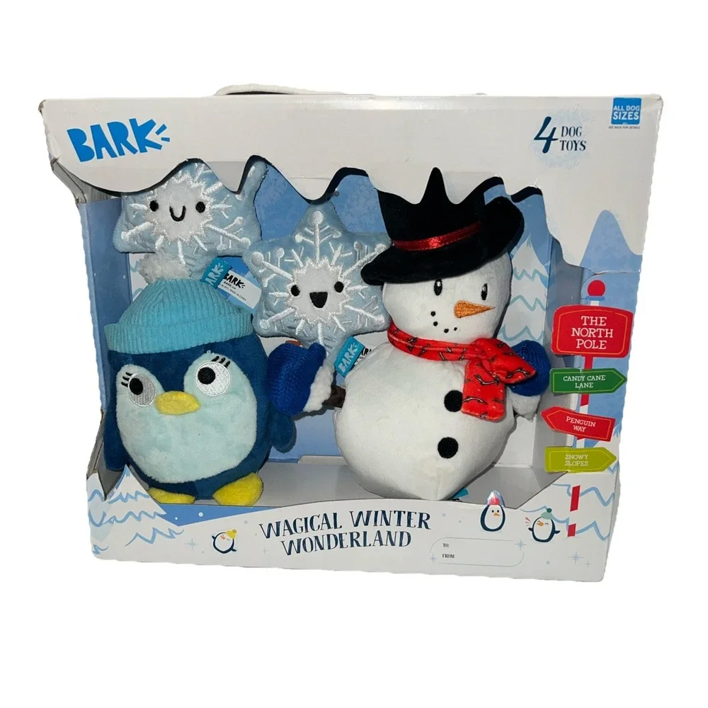 Bark Wagical Winter Wonderland 4 Dog Toys Squeaker Penguin Snowman Snowflake New